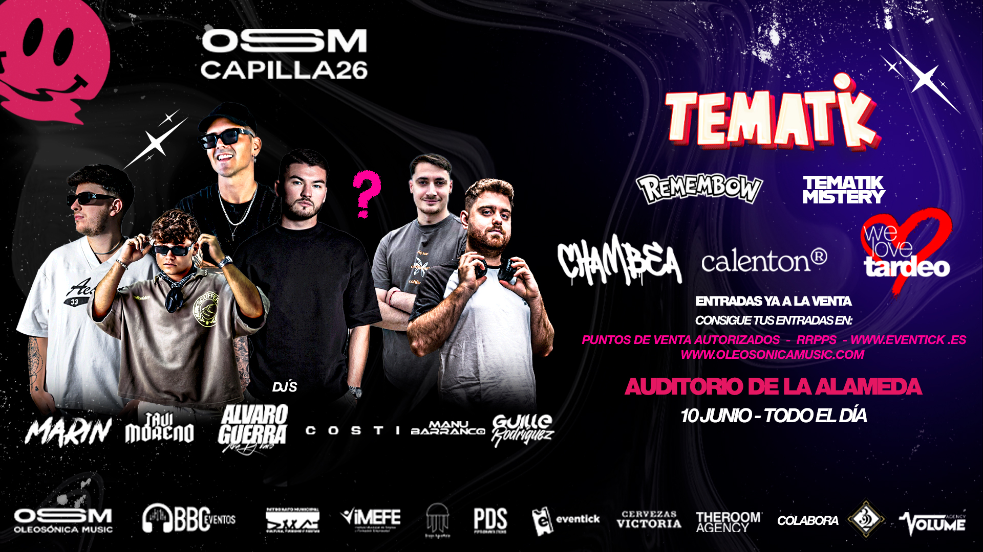 Cartel del evento OSM Capilla 26 Tematik en Jaén, con DJs y artistas como Marín, Javi Moreno, Álvaro Guerra, Costi, Manu Barranco y Guille Rodríguez, celebrado el 10 de junio en el Auditorio de La Alameda.